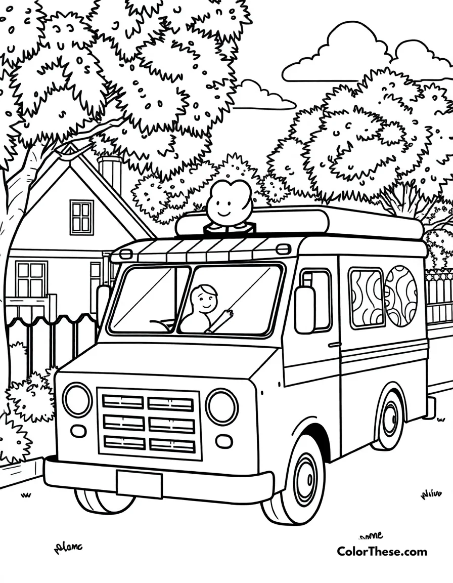 Free printable ice cream truck coloring page for kids and adults. An ice cream truck parked in a summer neighborhood.