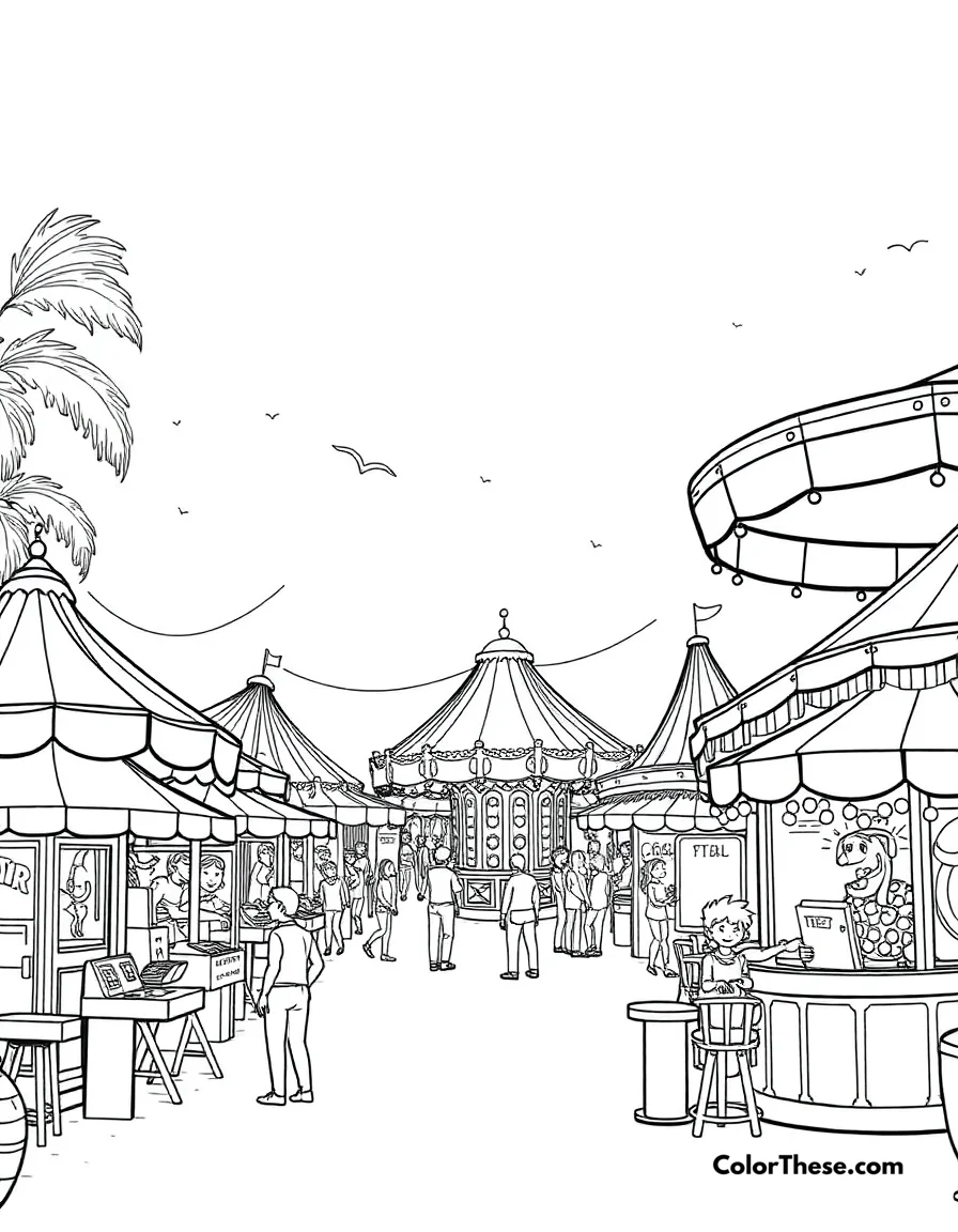 Free printable summer carnival coloring page for kids and adults. A lively summer carnival with rides and games.