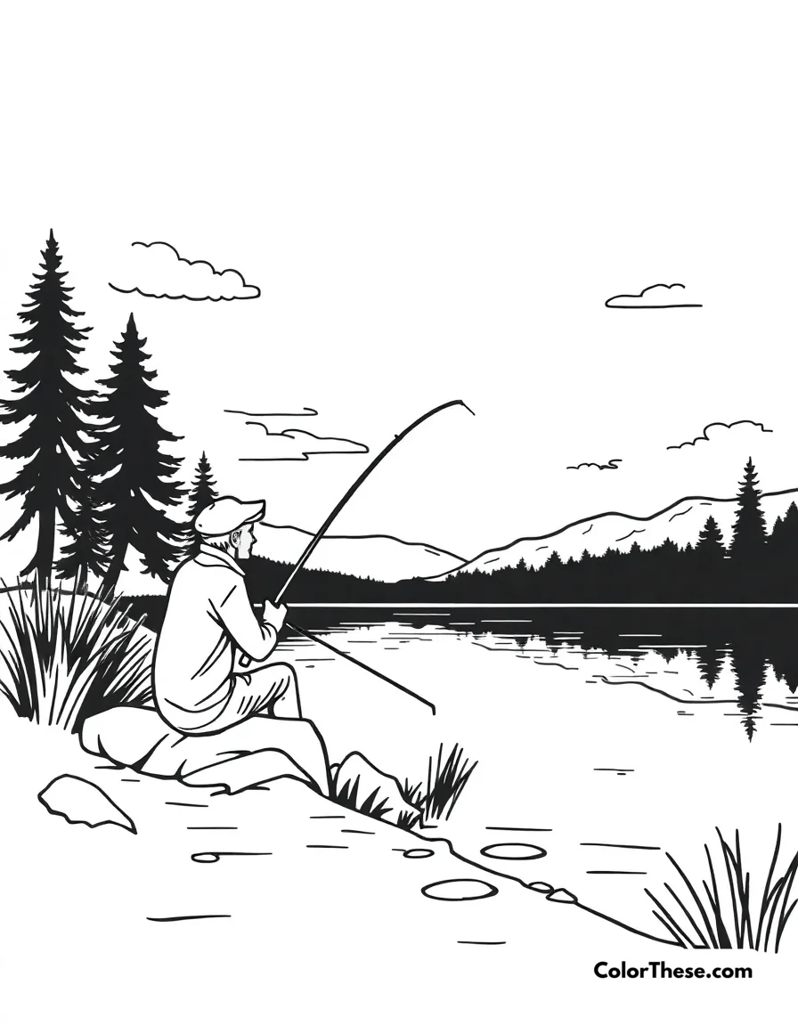 Free printable summer fishing coloring page for kids and adults. A relaxing day of fishing by the lake.