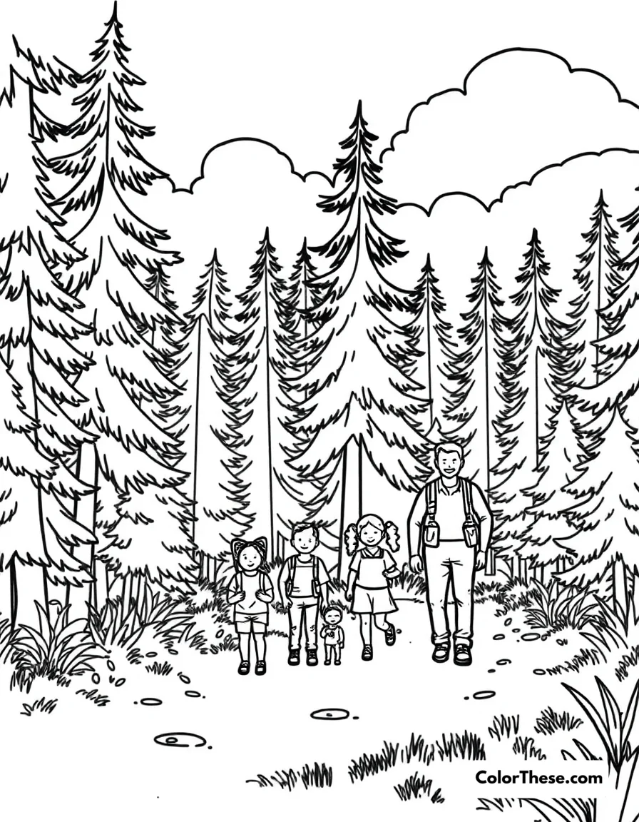 Free printable summer hiking coloring page for kids and adults. A family hiking through a summer forest.
