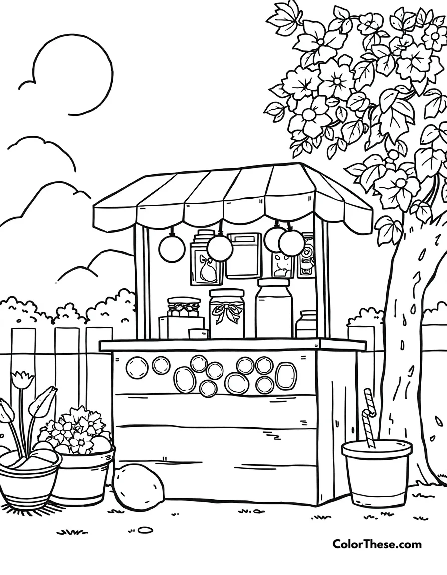 Free printable summer lemonade stand coloring page. A lemonade stand on a sunny summer day.