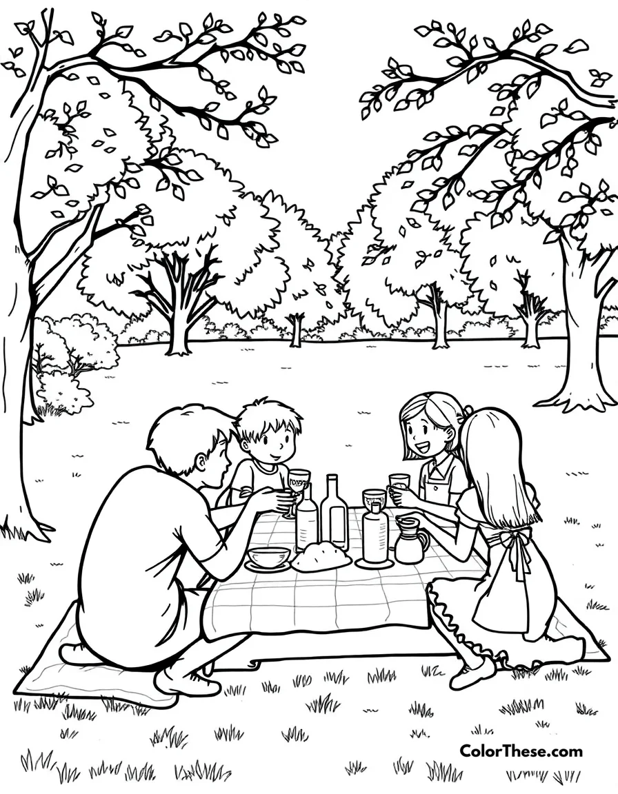 Free printable summer picnic coloring page. A family enjoying a picnic in the park.