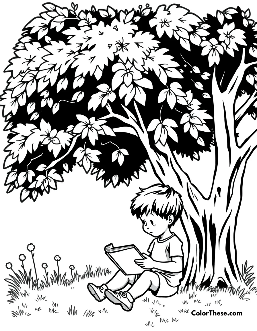 Free printable summer reading coloring page for kids and adults. A child reading a book under a tree in the summer.
