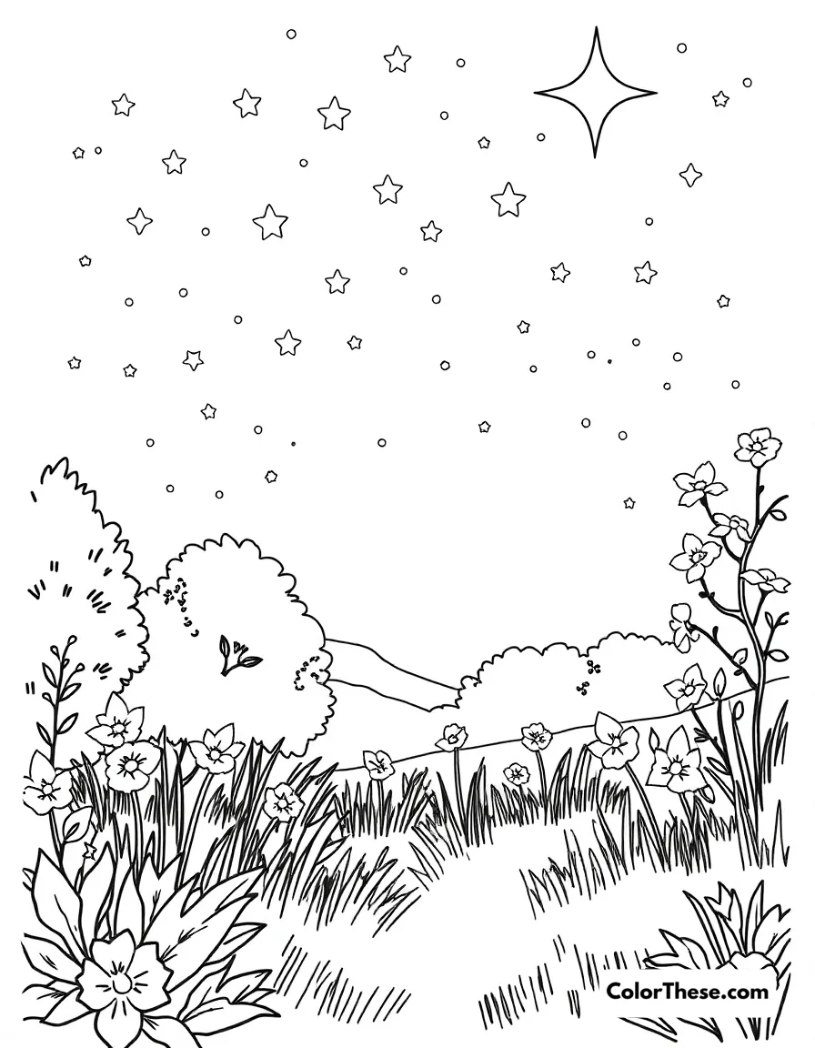 Free printable summer starry night coloring page for kids and adults. A peaceful summer night under the stars.