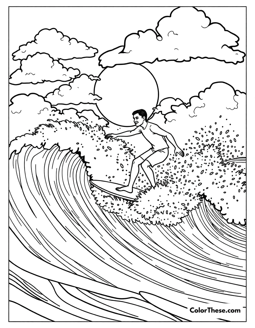 Free printable summer surfing coloring page. A surfer riding the waves on a summer day.