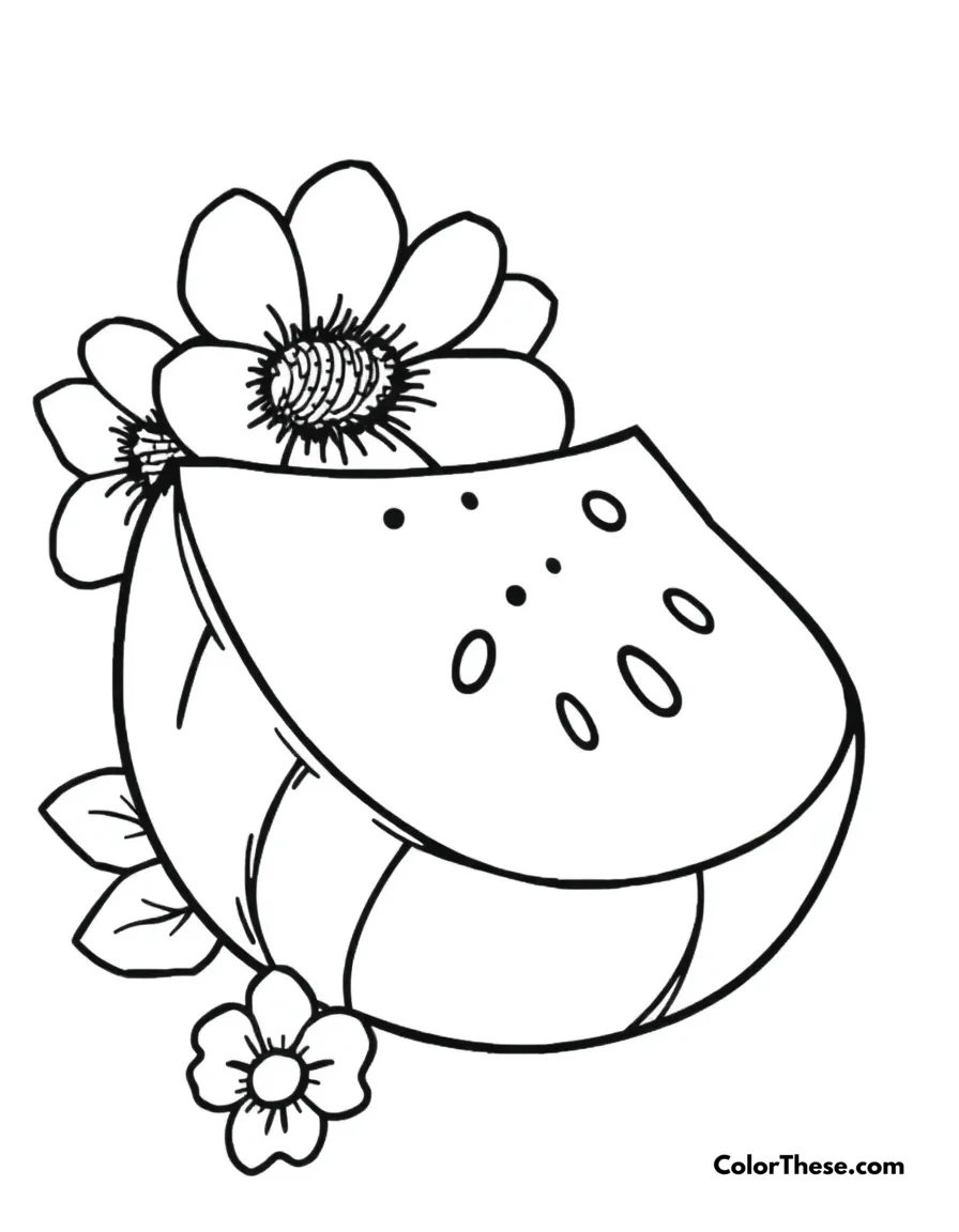 Free printable summer watermelon slice coloring page for kids and adults. A refreshing slice of watermelon on a summer day.