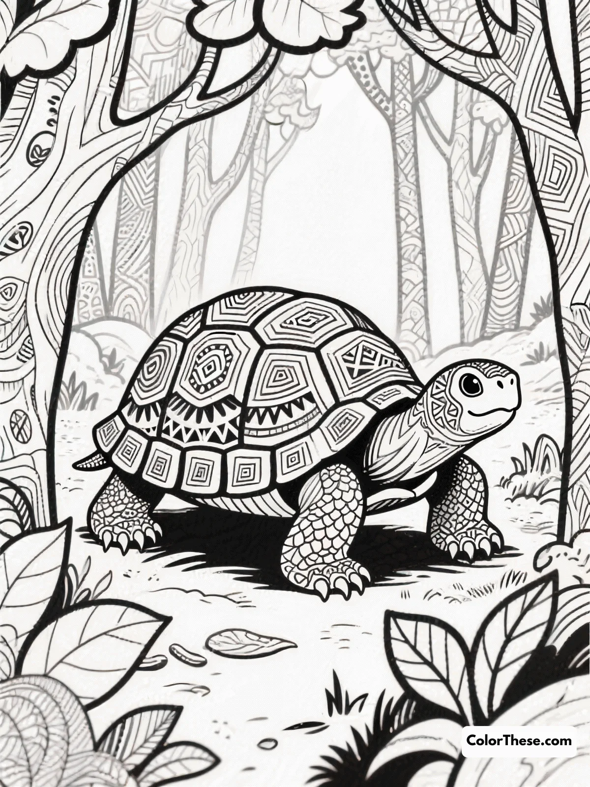 Free printable detailed land turtle in a forest scene coloring page for kids and adults. Dive into a lush forest scene with our detailed land turtle coloring page, perfect for all ages to explore creativity and color harmony.