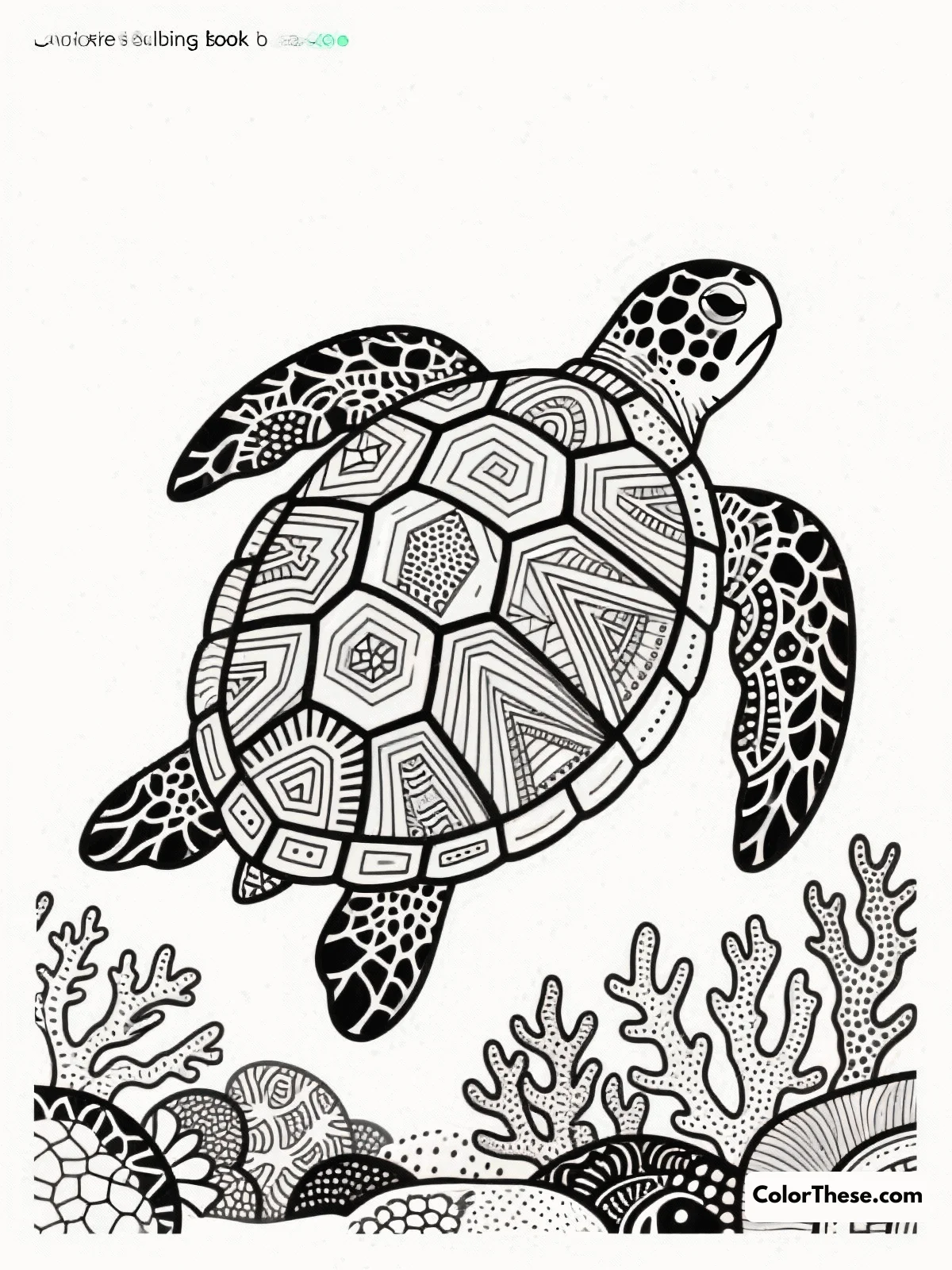 Free printable intricate sea turtle with coral patterns coloring page for kids and adults. Explore the serene beauty of a sea turtle swimming among vibrant corals with this intricate coloring page, perfect for all ages.