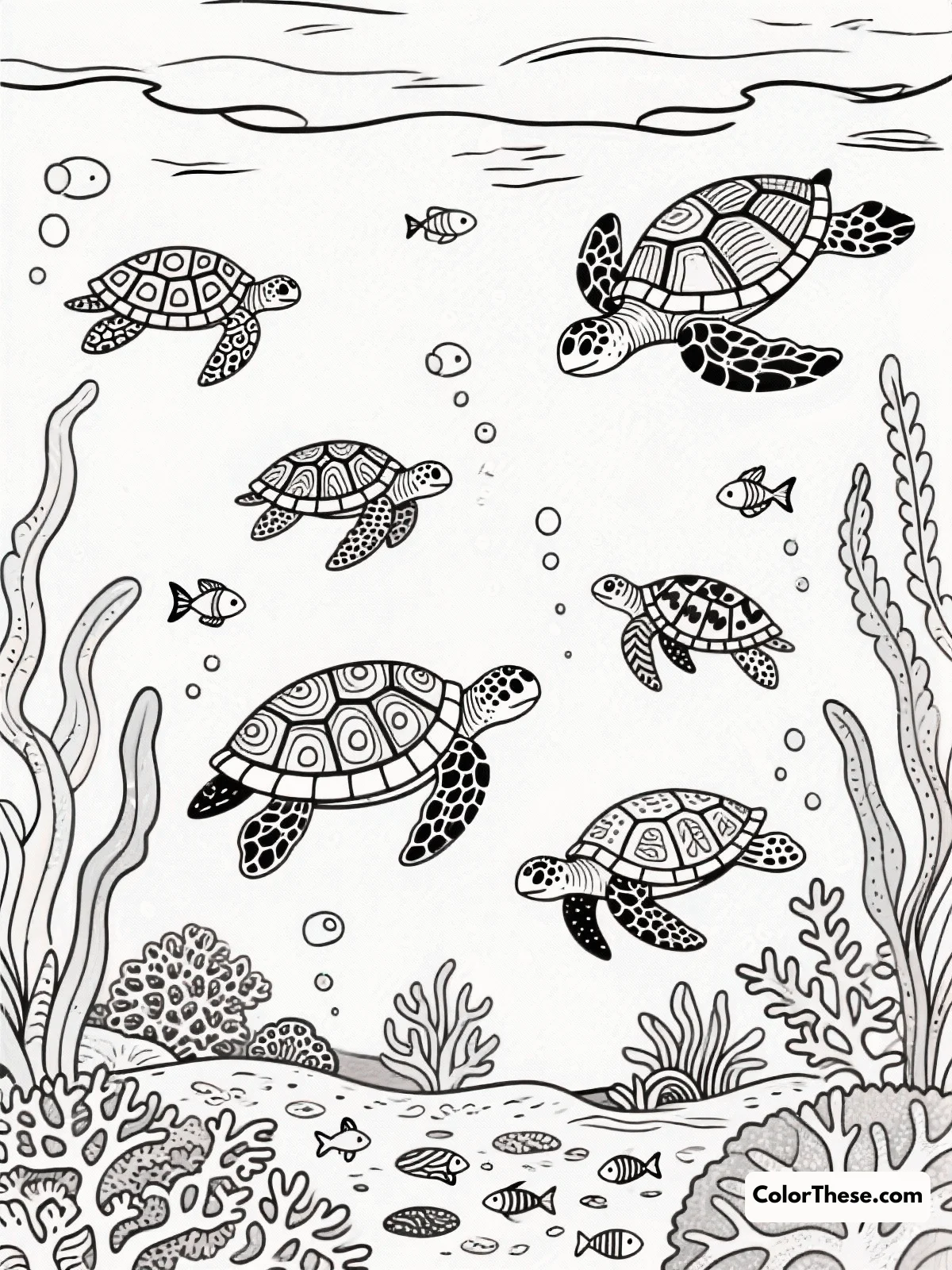 Free printable ocean scene with multiple turtles coloring page for kids and adults. Explore the serene beauty of sea turtles in their vibrant ocean habitat with our 'Ocean Scene with Multiple Turtles' coloring page, perfect for all ages.