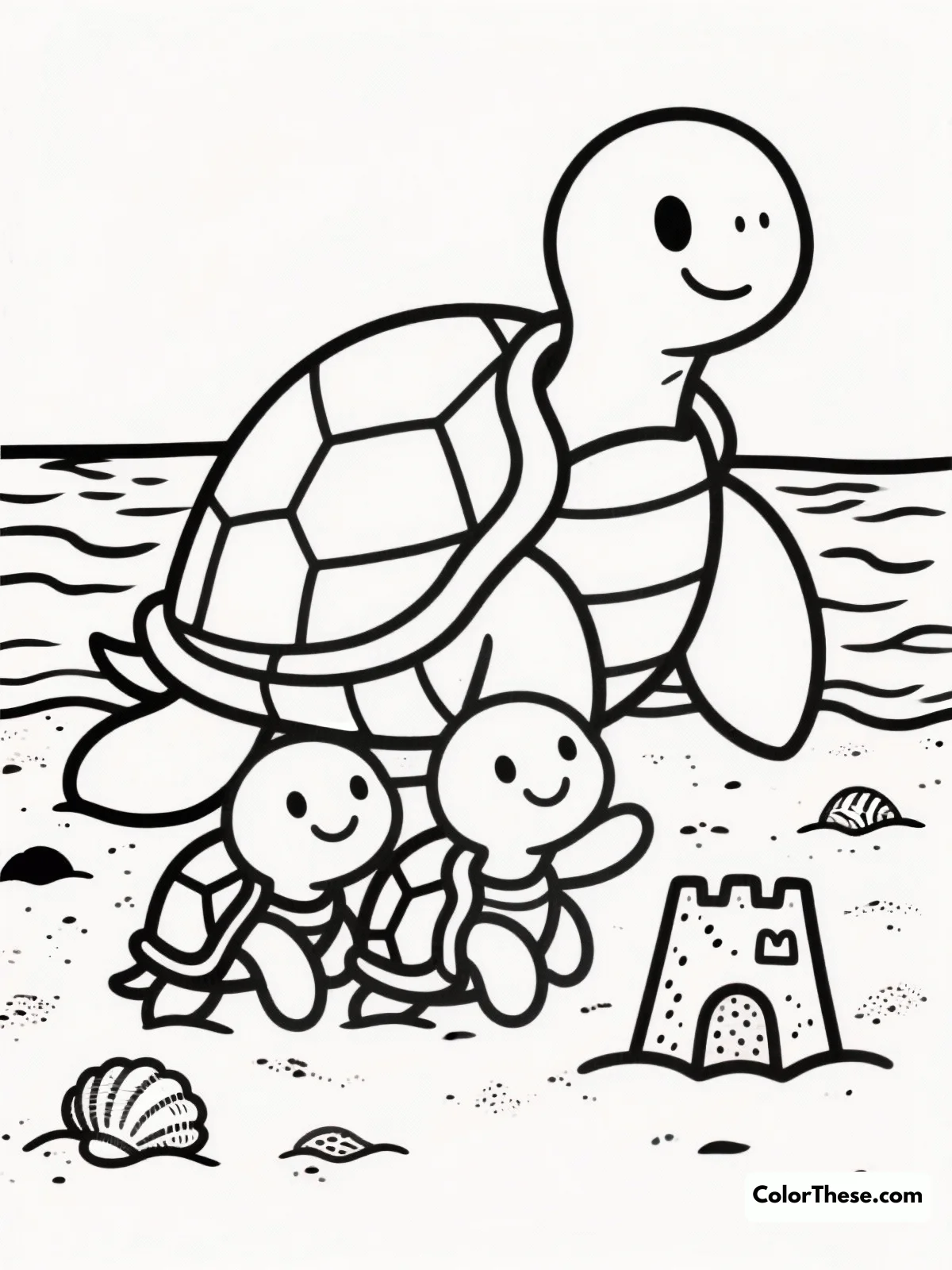 Free printable turtle family on the beach coloring page for kids and adults. Dive into a delightful scene where a turtle family enjoys a sunny beach day. Perfect for all ages, this coloring page offers a chance to explore creativity and bring a touch of the seaside to life with your personal flair.