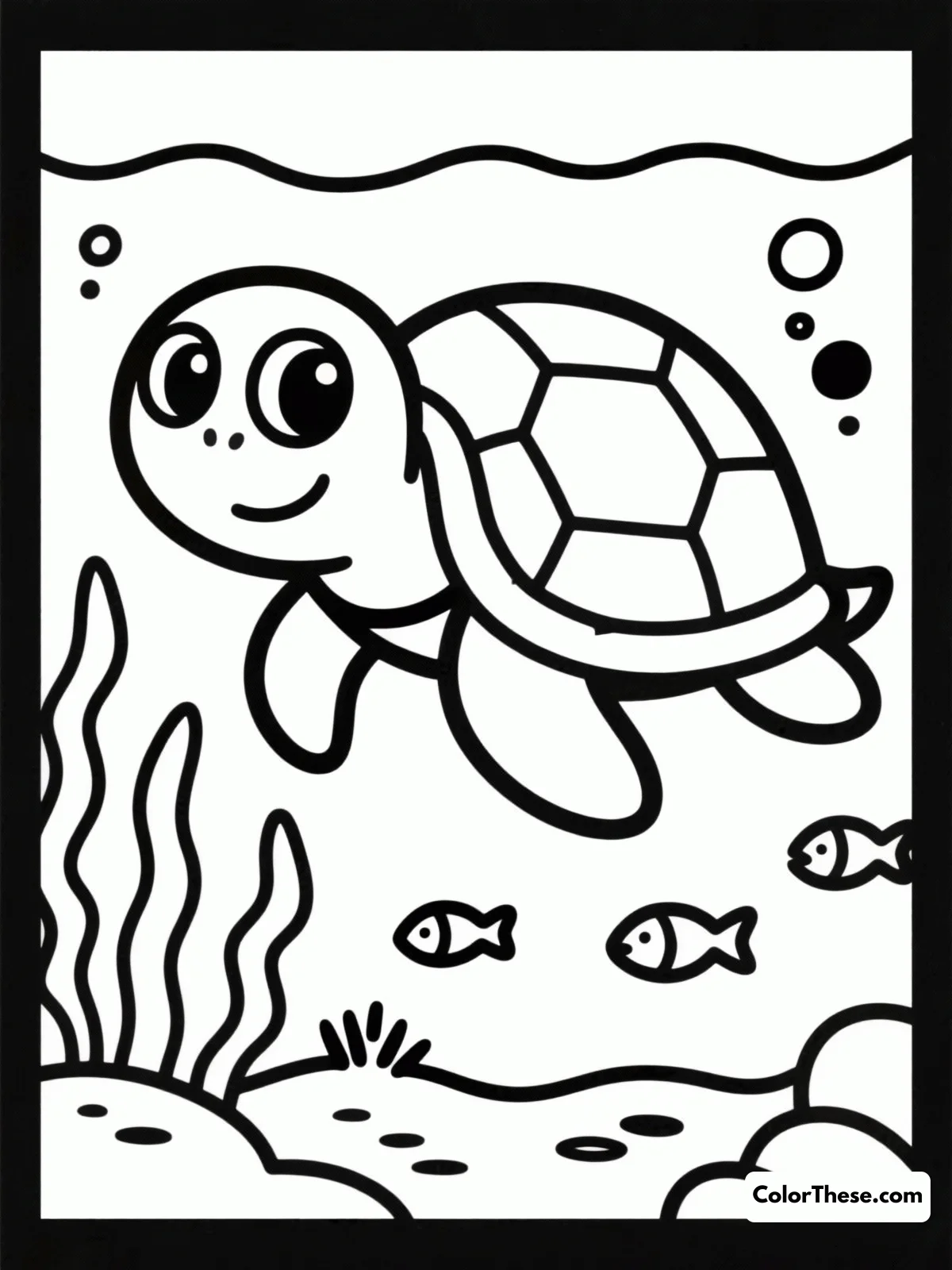 Free printable turtle swimming underwater coloring page for kids and adults. Dive into a vibrant underwater scene with a turtle swimming gracefully amidst colorful coral reefs. Perfect for all ages, this page invites creativity and relaxation.