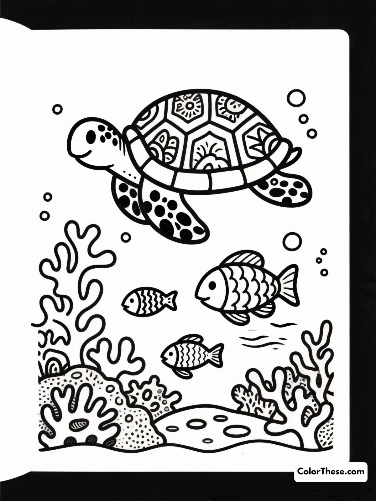 Free printable turtle and fish in a coral reef coloring page for kids and adults. Explore a vibrant underwater world with a friendly turtle and playful fish in this captivating coral reef coloring page, perfect for all ages.