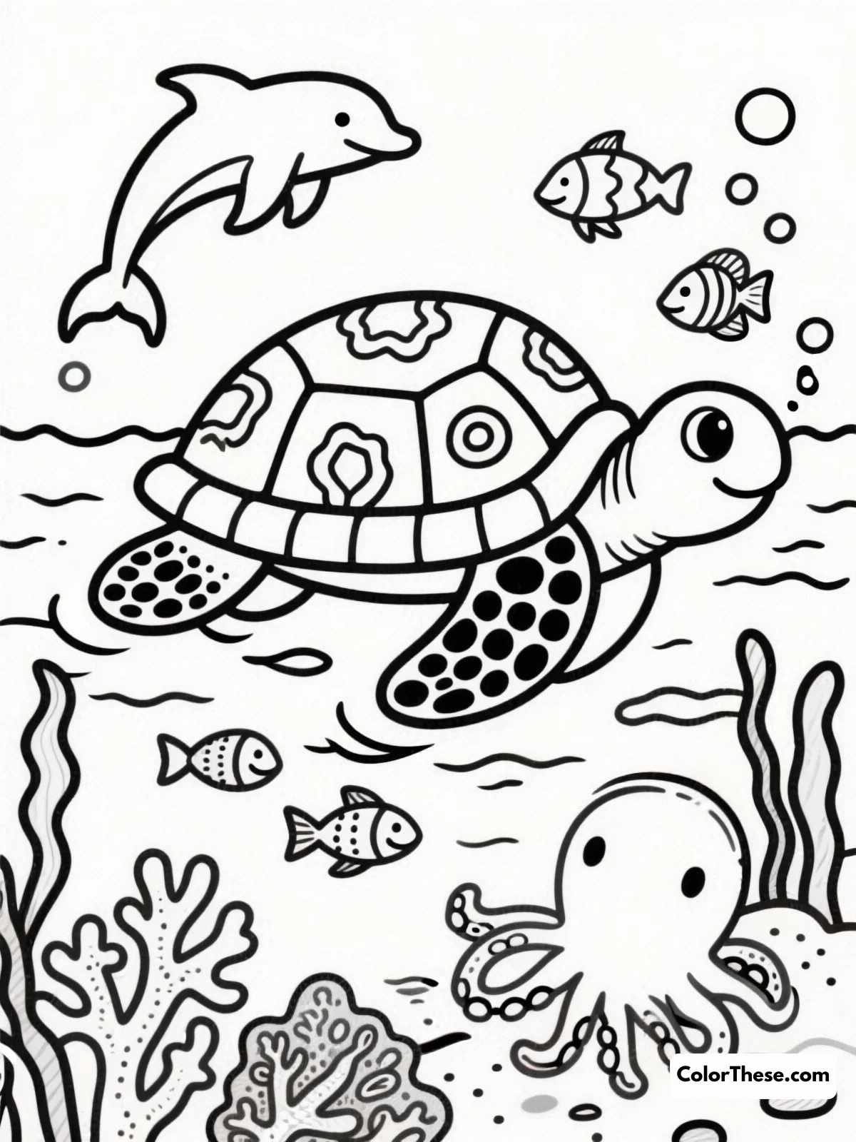Free printable turtle and friends in the ocean coloring page for kids and adults. Dive into a vibrant underwater world with Turtle and Friends, perfect for all ages to explore and color with creativity.