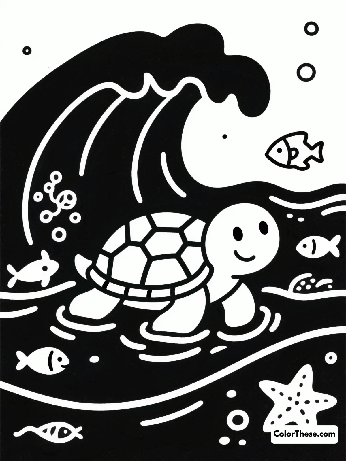 Free printable turtle's journey across the sea coloring page for kids and adults. Dive into the ocean with our friendly turtle and enjoy a fun coloring adventure full of sea creatures and vibrant colors!